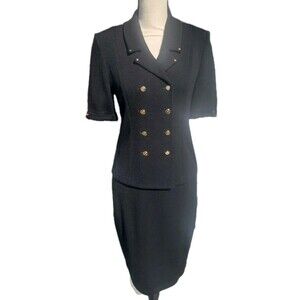 St John Collection Marie Gray Santana Knit Jacket Skirt Suit Black Sz 4 Gold Btn